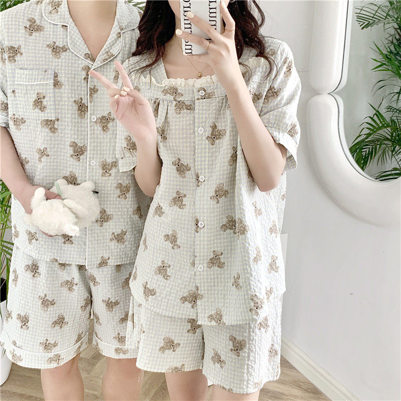 韩版情侣睡衣短袖格子纯棉麻小熊印花卡通ins套装家居服夏季新款