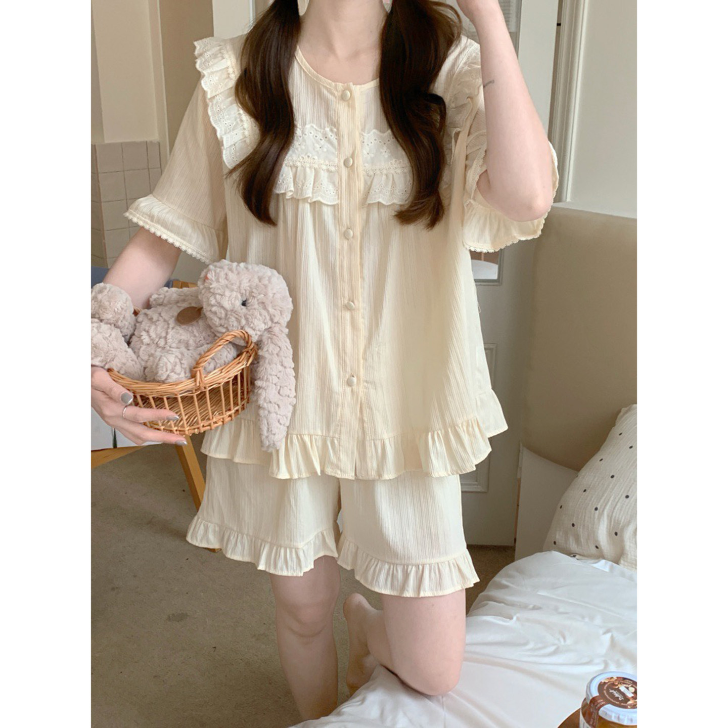 韩版甜美公主风全棉蕾丝宽松舒适短袖夏季家居服套装