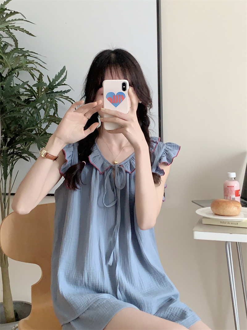 棉麻纱布海盐蓝荷叶边无袖睡衣女