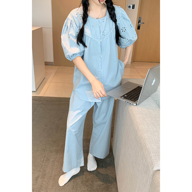 全棉睡衣女刺绣蕾丝蓝色短袖春夏