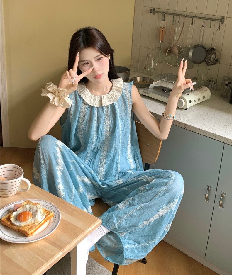 夏季睡衣女款吊带长裤蕾丝纯棉麻