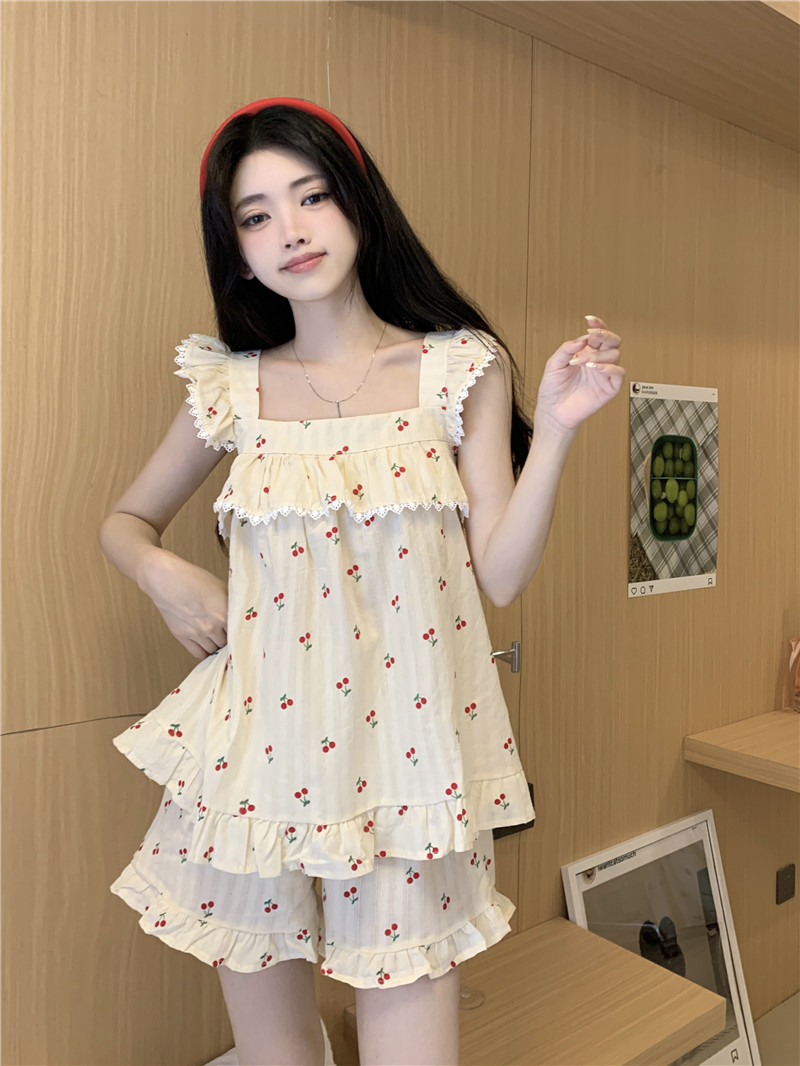 睡衣女夏季樱桃棉麻提花吊带花边
