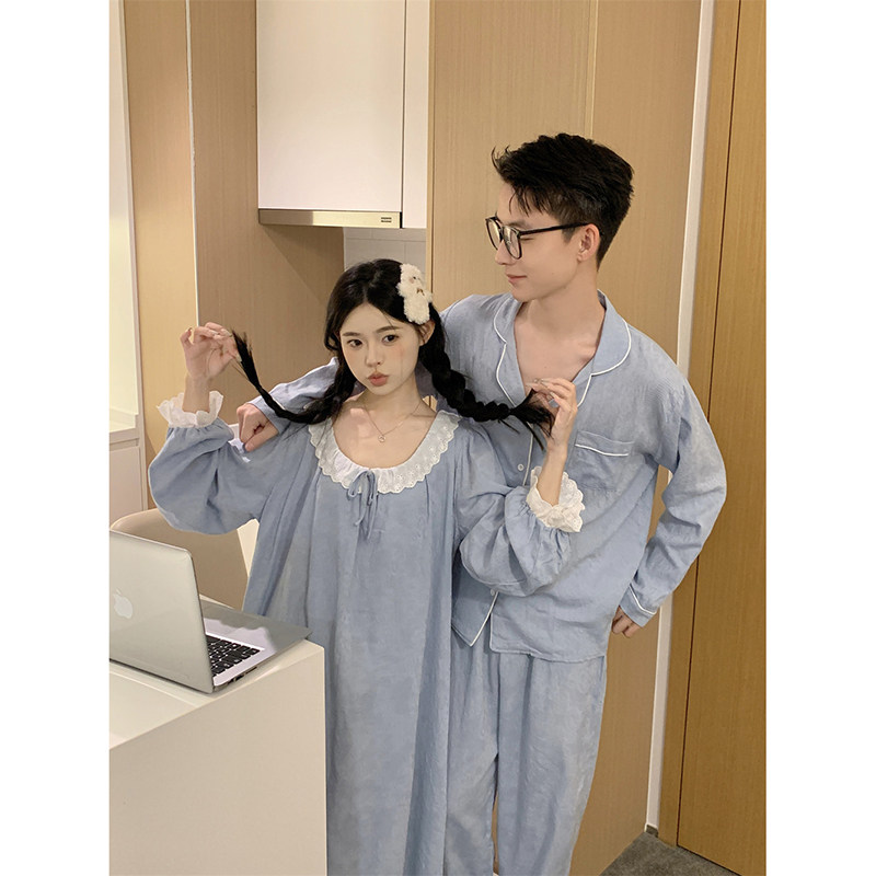 韩版情侣长袖纯棉提花甜美花边睡裙秋季家居服睡衣套装