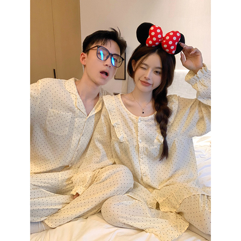 韩版秋季情侣简约波点宽松亲肤软棉双纱外穿家居服套装