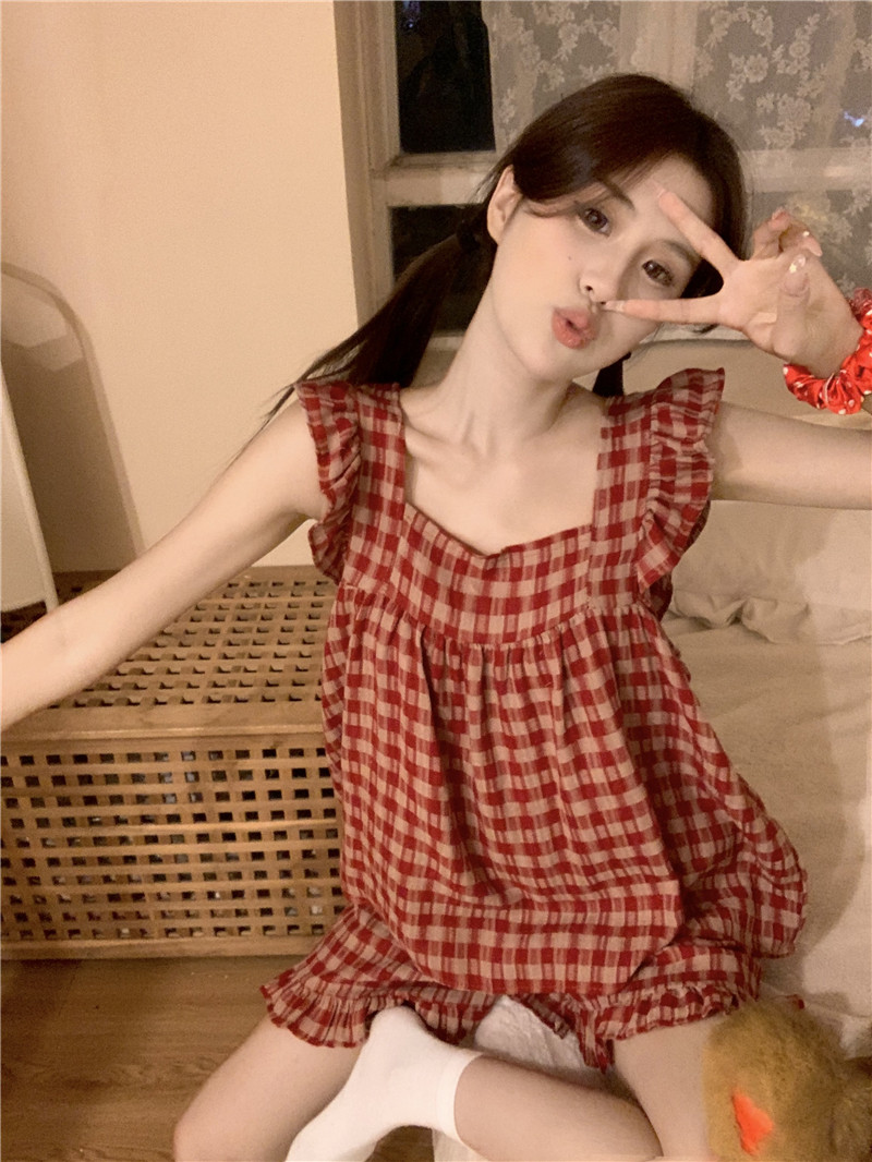 睡衣女纯棉麻撞色可爱红格无袖