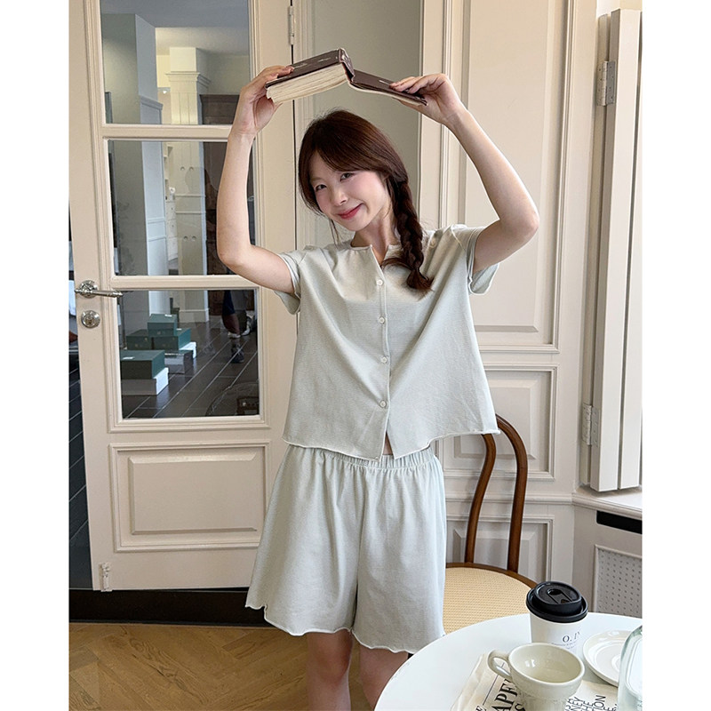 夏季经典简约绿色条纹针织短袖短裤家居服睡衣套装