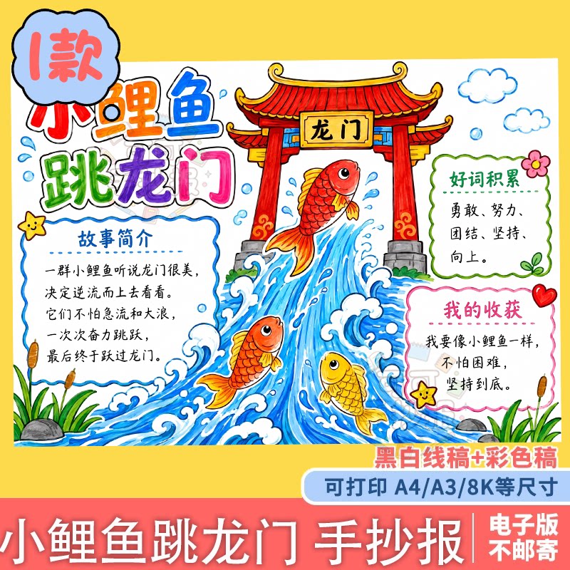 04民间故事小鲤鱼跳龙门手抄报样图/效果图销售