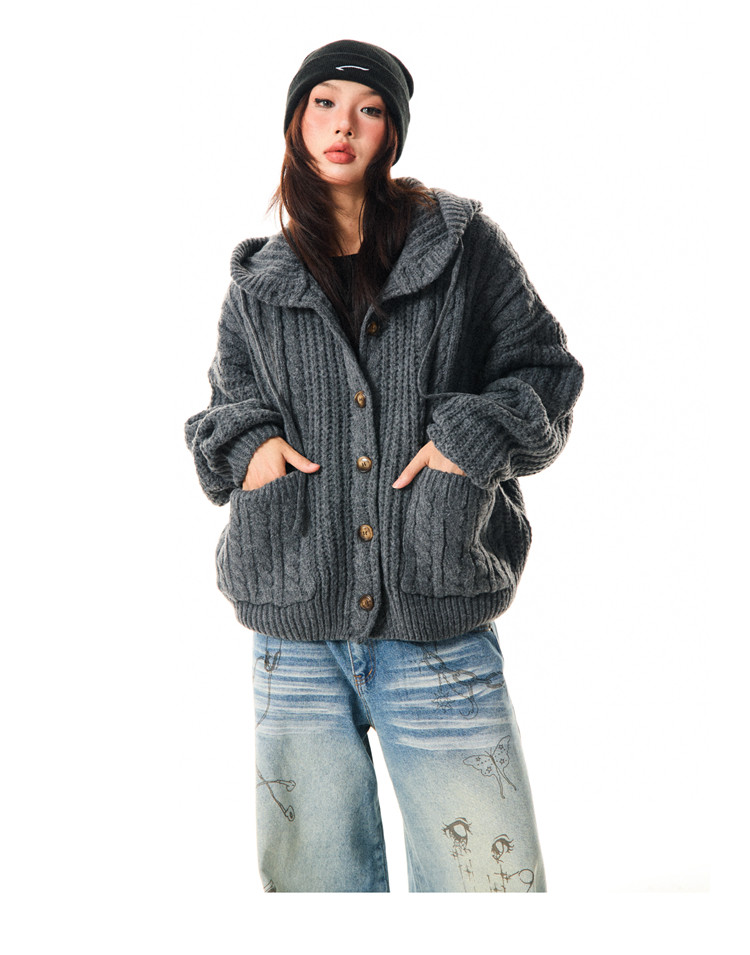 UNG STAGE复古灰色宽松连帽毛衣外套女秋冬慵懒风针织开衫外穿
