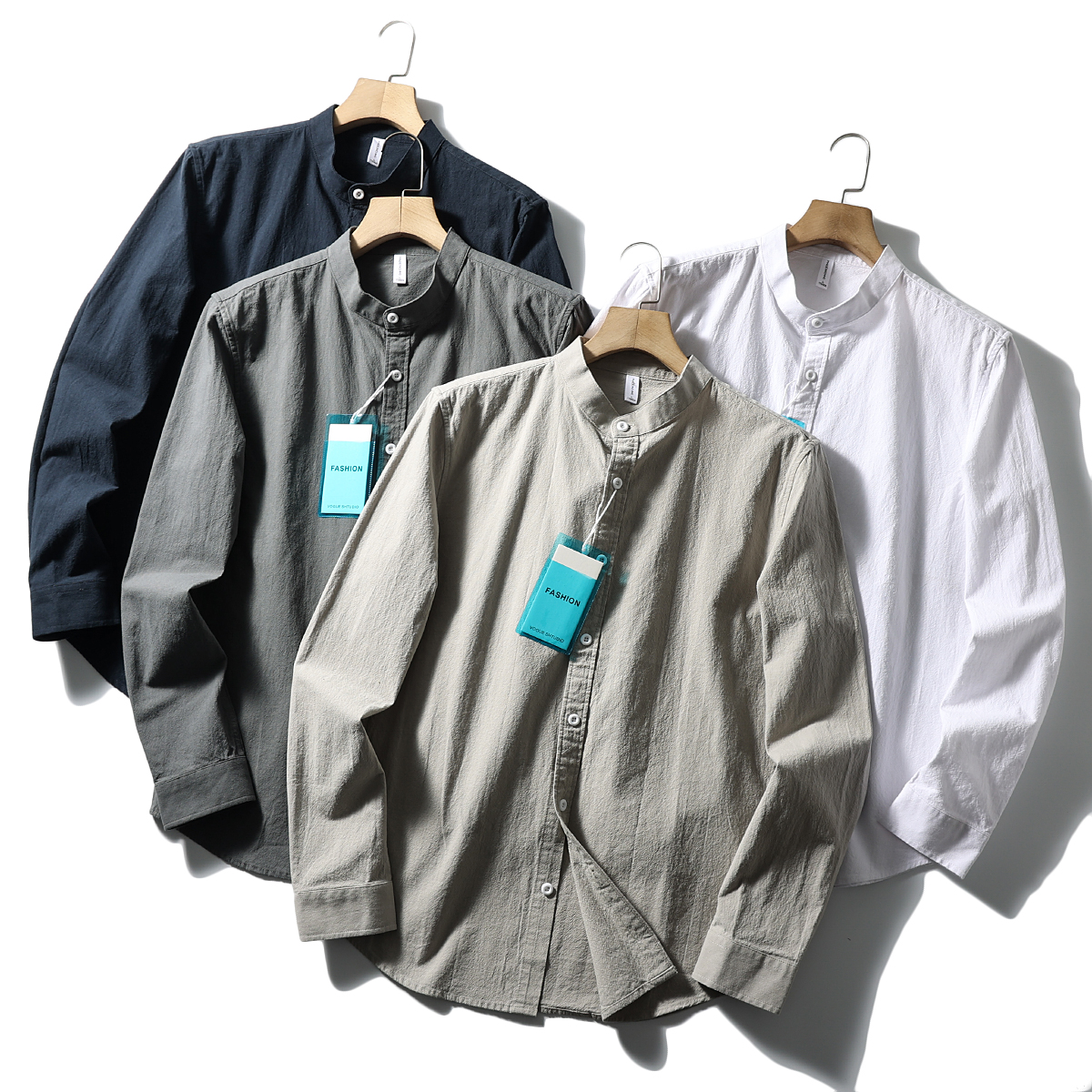 男舒适亲肤褶皱肌理立领长袖衬衫