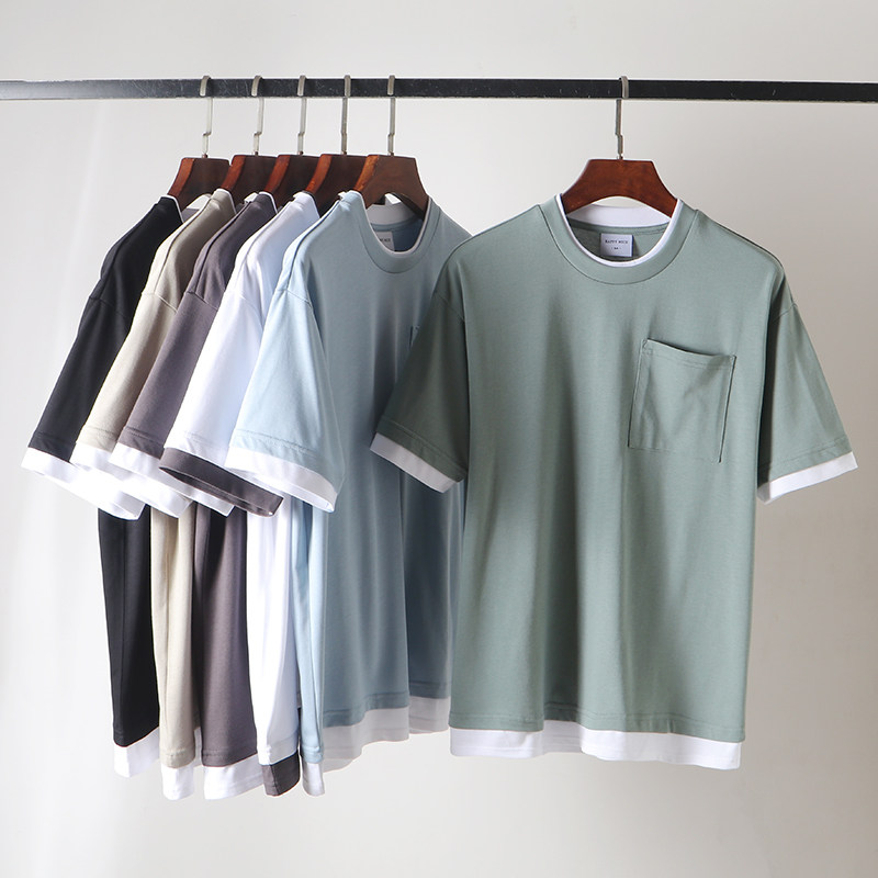美式重磅！假两件设计！夏季男士圆领单口袋时尚拼色休闲短袖T恤