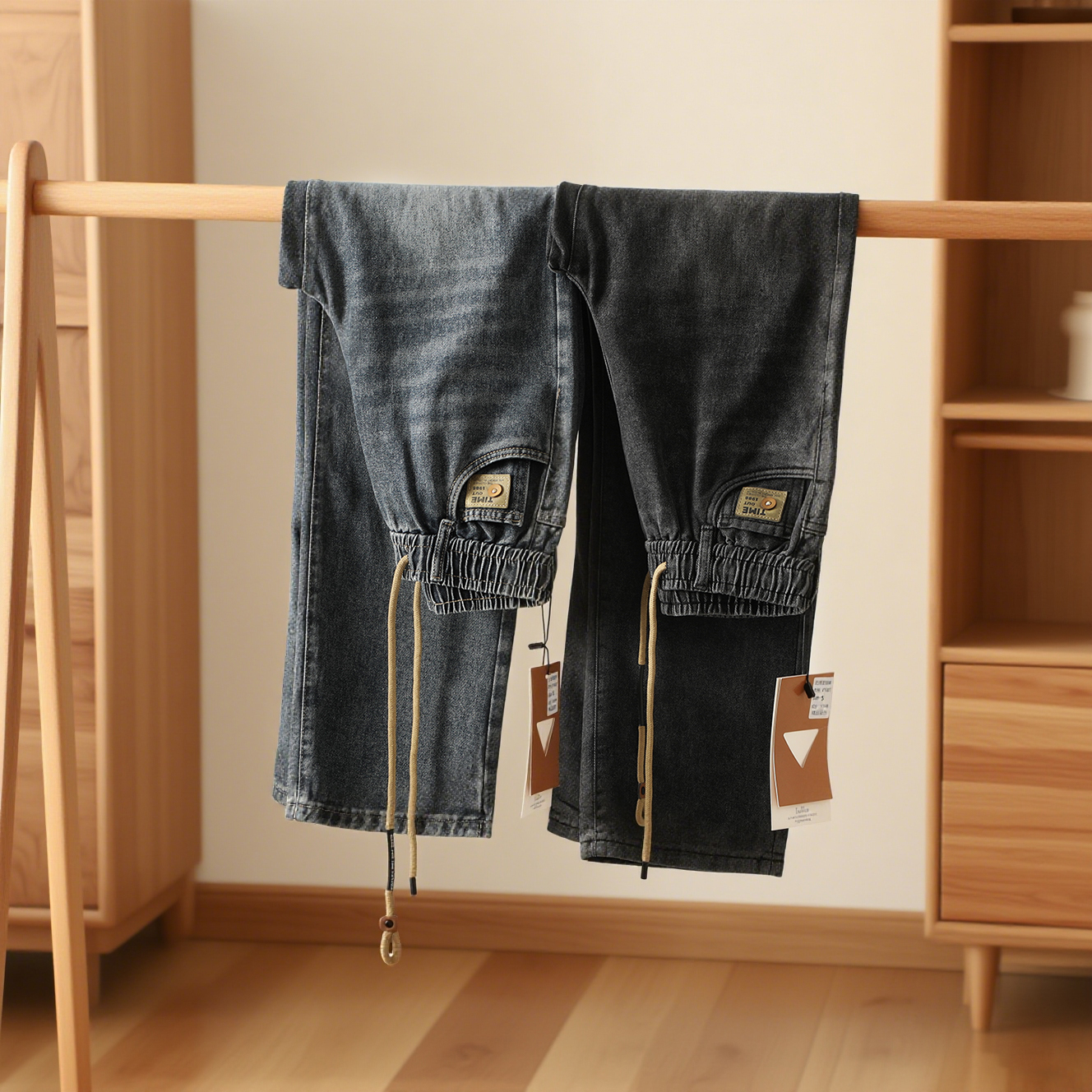 复古水洗做旧松紧腰直筒牛仔裤男