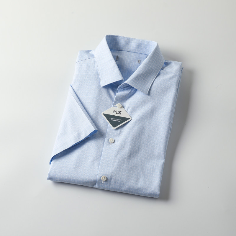 舒适抗菌透气小格子商务短袖衬衫