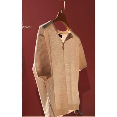 亨利领镂空透气亚麻针织提花T恤