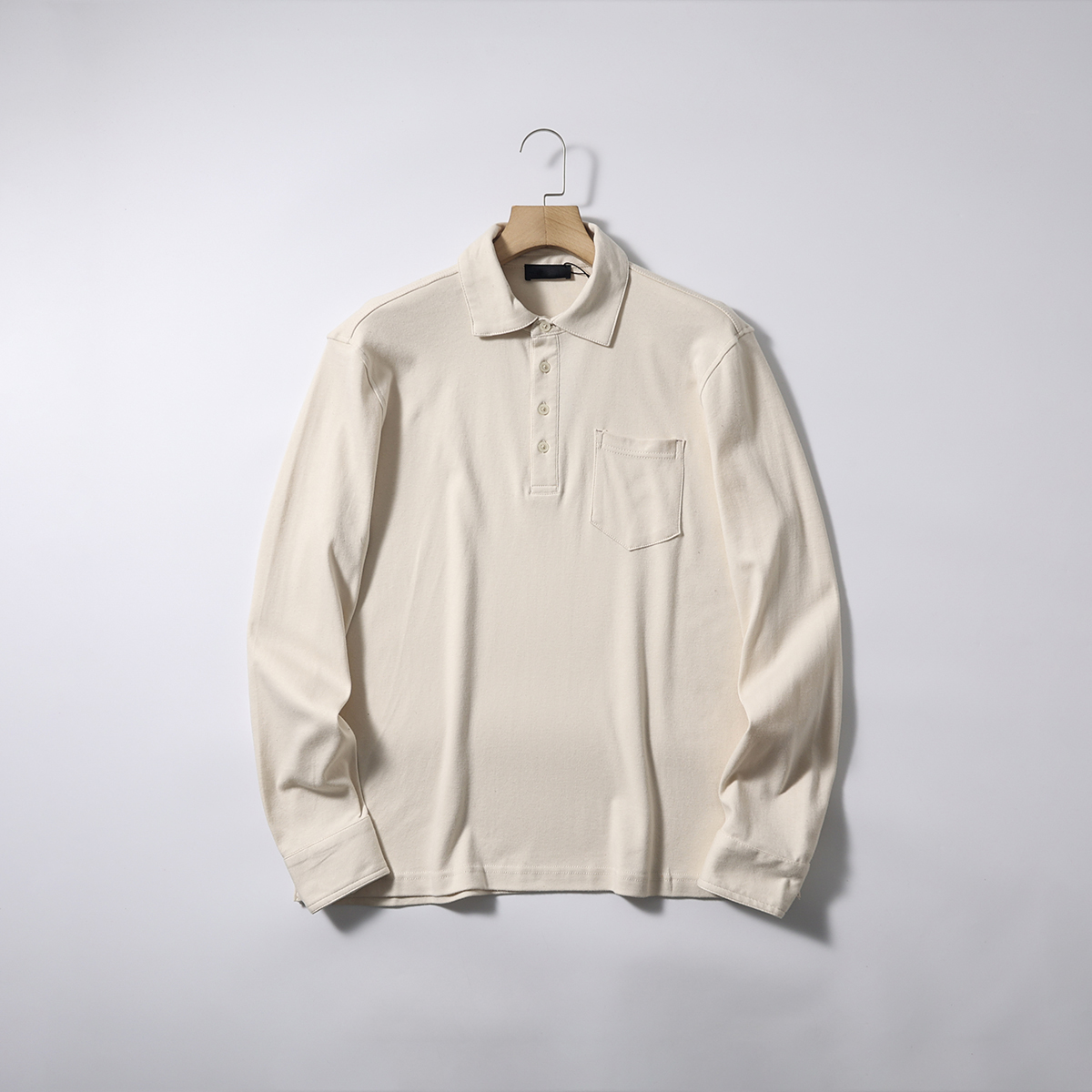 全棉水洗磨毛半开襟翻领长袖T恤