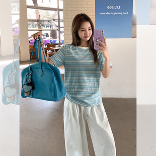 新款 T恤女夏季 宽松遮肉显瘦休闲上衣 高级感撞色条纹圆领短袖 时尚