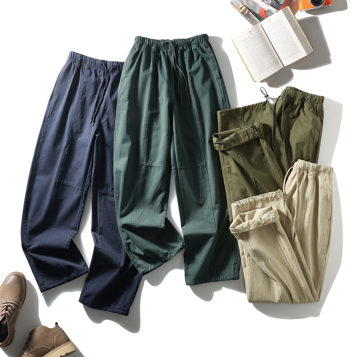 水洗全棉复古轻工装松紧腰休闲裤