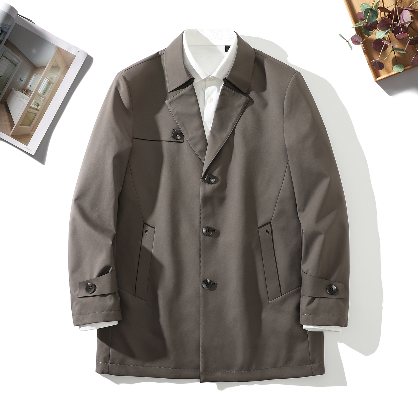 防风防泼水中长款商务翻领风衣男