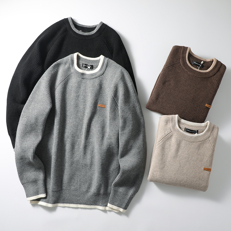 元宝针织撞色圆领插肩袖针织毛衣