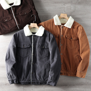 复古水洗!灯芯绒!仿羊羔绒内里!秋冬男士加绒加厚保暖夹克外套