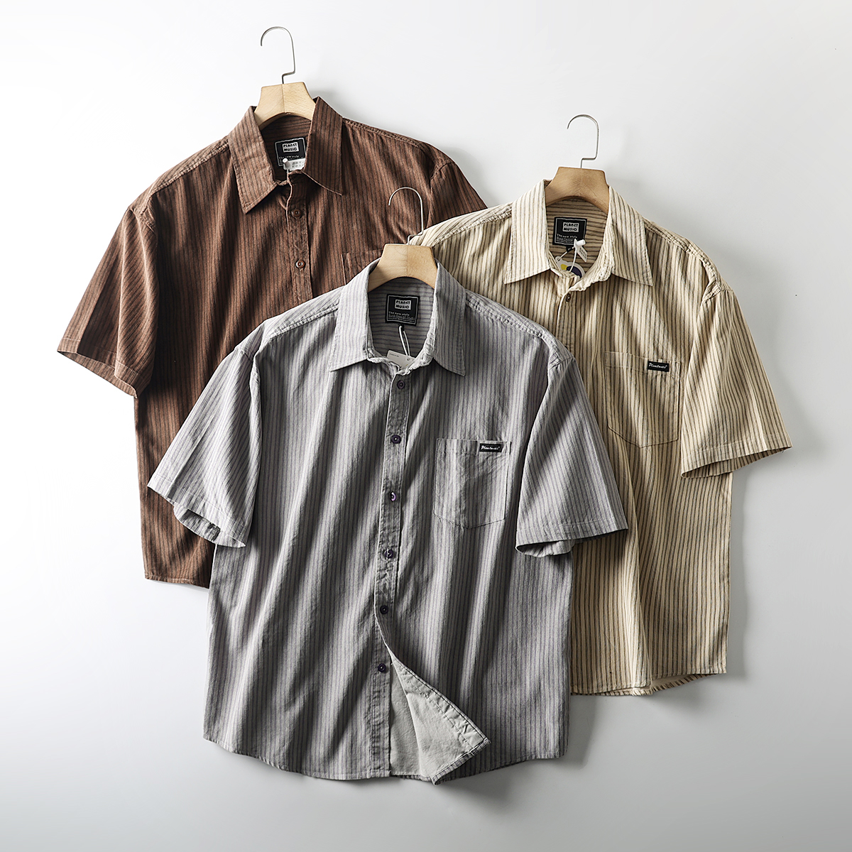 舒适全棉廓形复古条纹短袖衬衫男