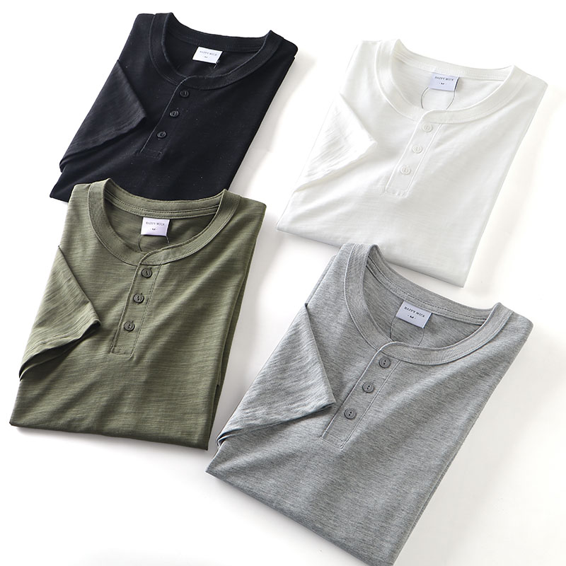 复古亨利领吸湿排汗竹节棉T恤衫