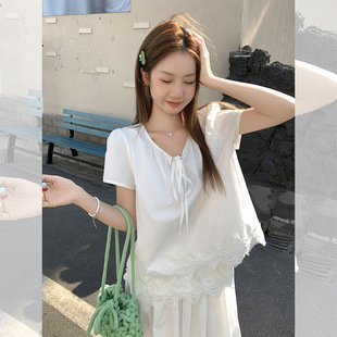 宽松显瘦时尚 新款 高级感小上衣 T恤女夏季 蕾丝花边拼接纯欲风短袖