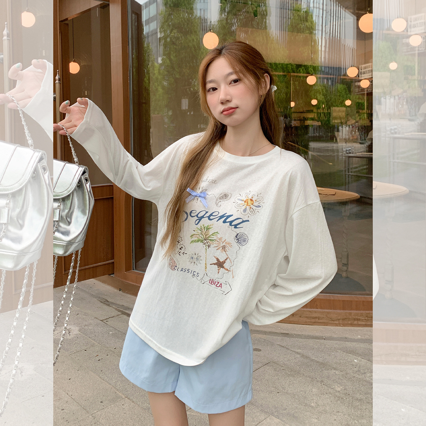 2025初秋新款立体蝴蝶结装饰字母印花长袖T恤女宽松休闲时尚上衣