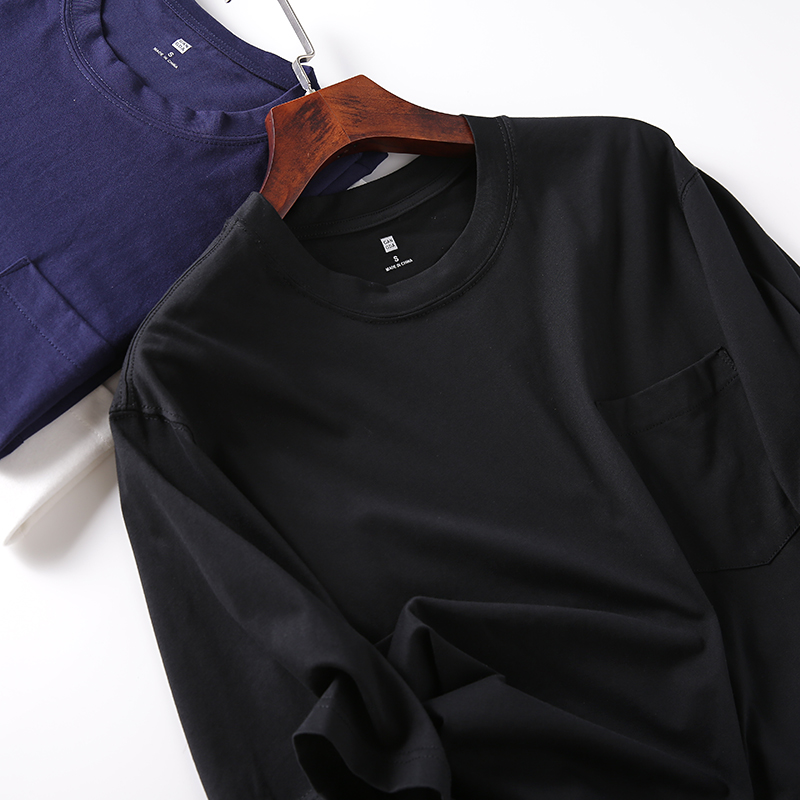 全棉水洗口袋休闲纯色圆领短袖T