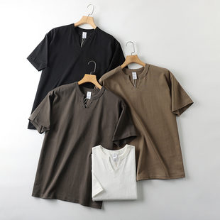 夏季 复古风 男士 时尚 T恤 300G重磅全棉 V领纯色百搭休闲短袖 美式