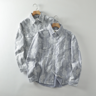 小众设计！蕾丝钩花拼接！秋季男士宽松落肩翻领双口袋长袖衬衫潮