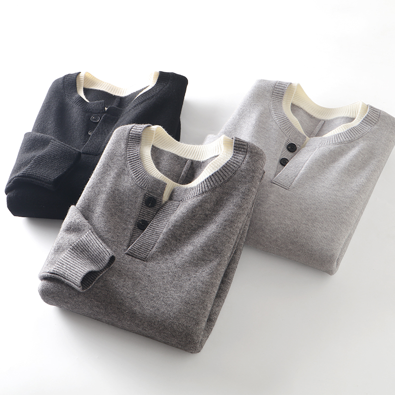 超细腻针织圆领假两件针织衫毛衣