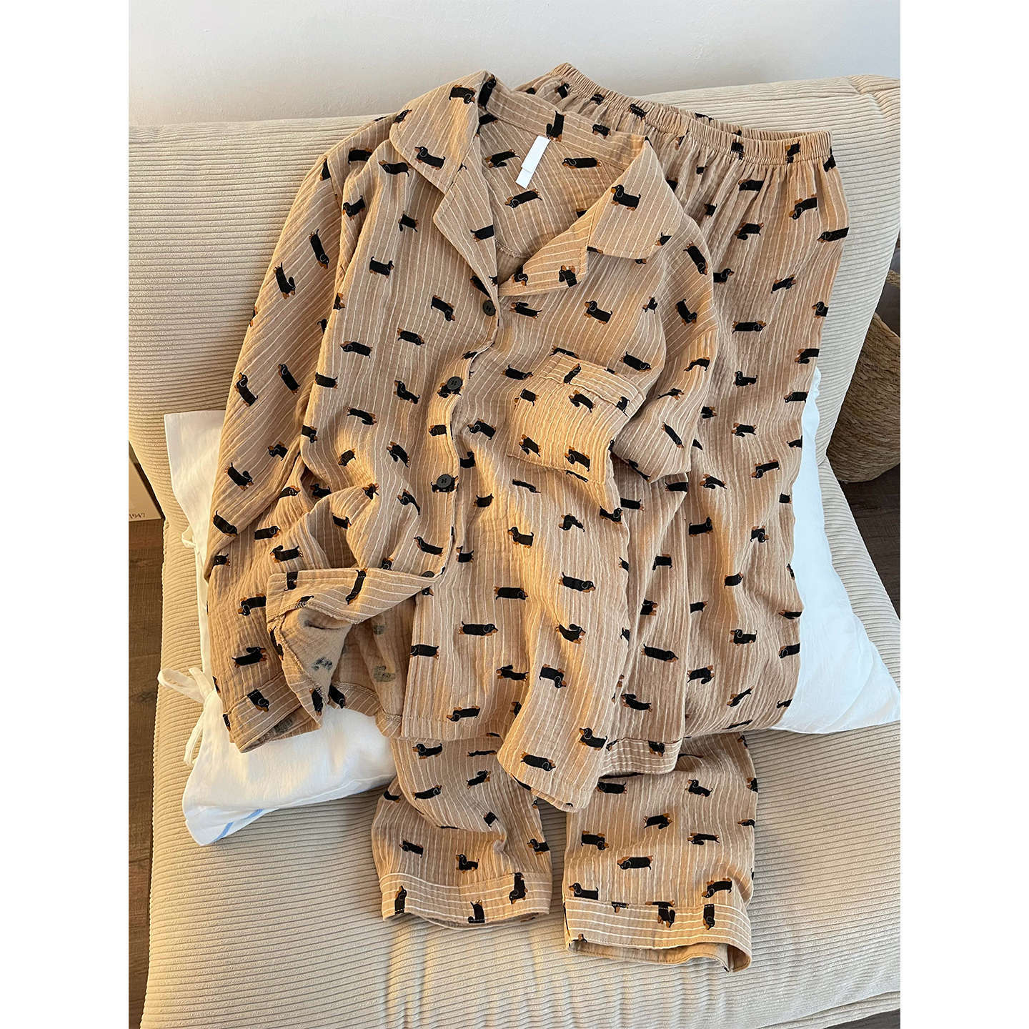 日系甜美卡通腊肠狗开衫睡衣女春秋婴儿棉纱长裤家居服套装ins风