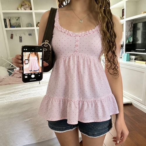 法式少女风粉色波点木耳边V领背心甜美A摆外穿上衣女V-neck top