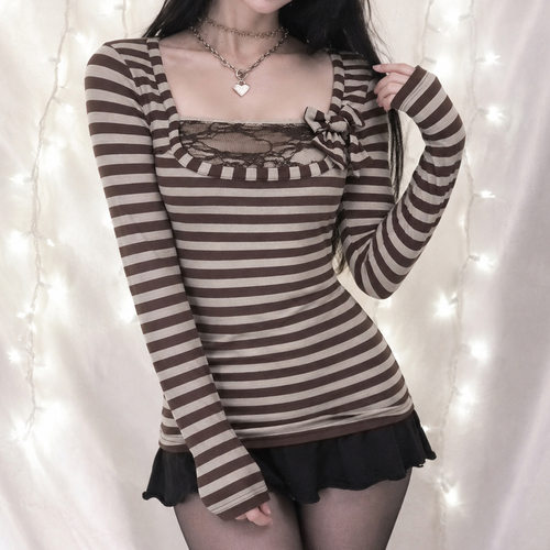 女装Y2K复古条纹方领蕾丝拼接蝴蝶结上衣韩系纯欲T恤Lace T-shirt