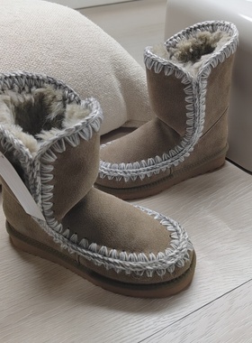 MOU ESKIMO秋冬保暖皮毛一体圆头雪地靴女冬靴中筒靴一脚蹬懒人鞋