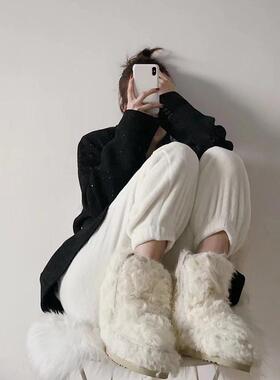 MOU爱斯基摩秋冬雪地靴女卷毛鞋皮毛一体厚底加绒白色卷毛懒人鞋