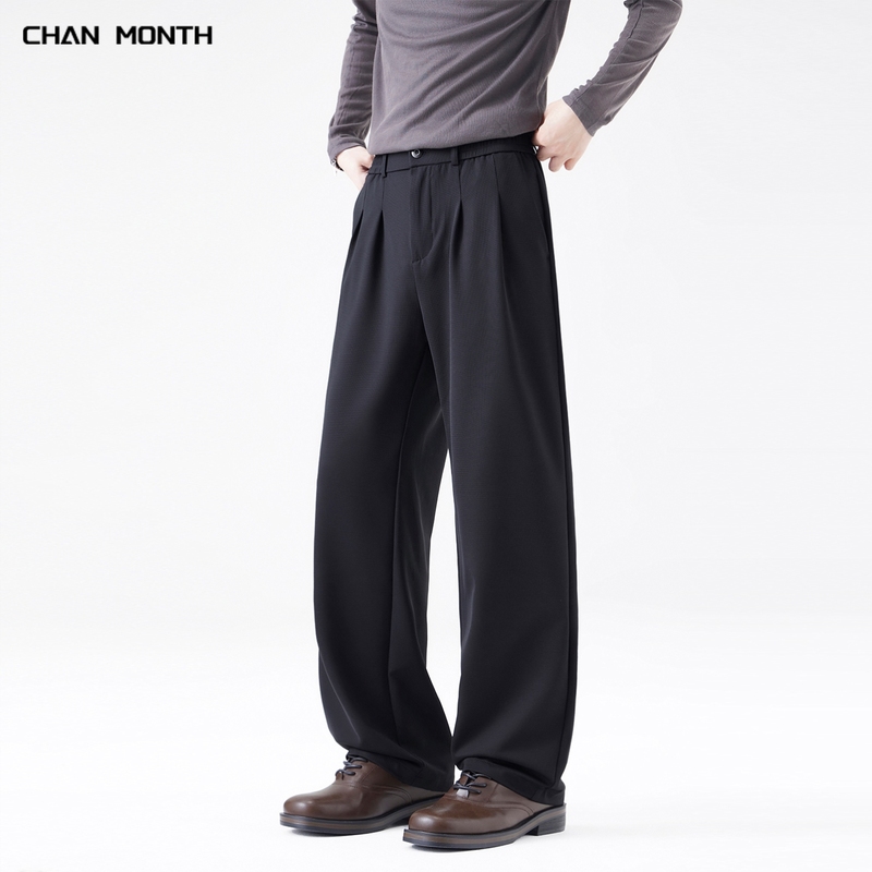 CHAN MONTH秋冬高级感黑色休闲西裤男宽松通勤垂感直筒加绒长裤子