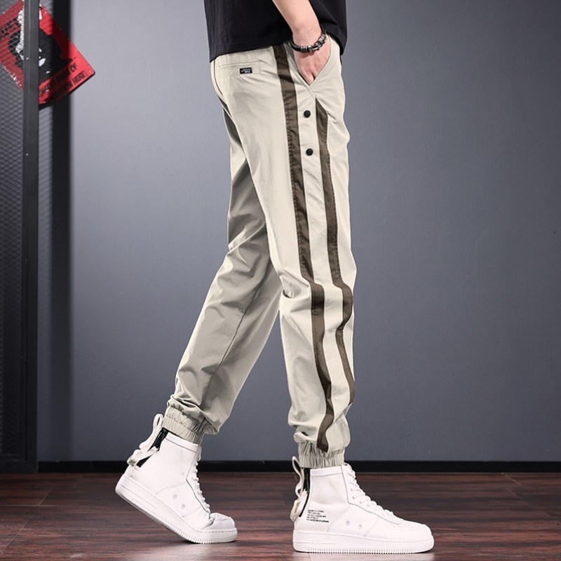 杏色冰丝休闲裤男款夏季高级感潮流运动束脚裤侧边条纹拼接速干裤