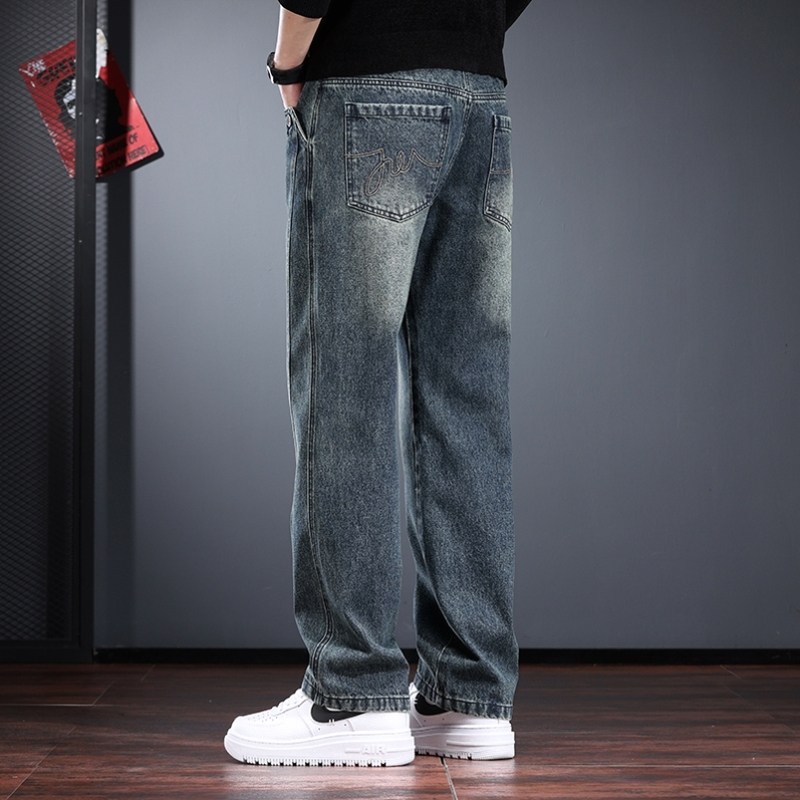 美式复古男士牛仔裤秋冬款宽松直筒长裤高街丹宁水洗工装裤痞帅潮