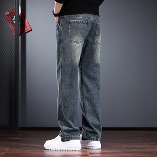美式复古男士牛仔裤秋冬款宽松直筒长裤高街丹宁水洗工装裤痞帅潮