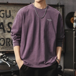 秋季竹节棉长袖t恤男2025新款高级感宽松休闲打底衫简约紫色上衣