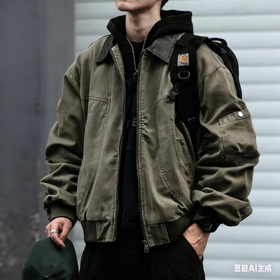 美式复古水洗拼皮领巴恩风男女秋季廓形宽松外套工装夹克潮牌上衣