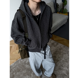 MANCHER 500G重磅枯树提花连帽卫衣男女boxy短宽老钱风拉链外套潮