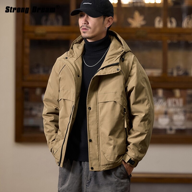 美式复古冲锋衣加棉加厚夹克男士秋冬新款薄棉服夹棉连帽外套棉衣