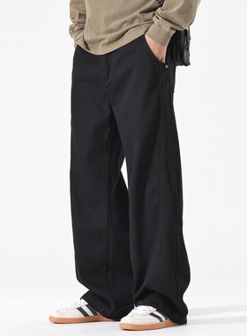 August美式水洗工装休闲裤男秋冬新款黑色百搭宽松直筒牛仔长裤子