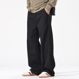 August美式水洗工装休闲裤男秋冬新款黑色百搭宽松直筒牛仔长裤子