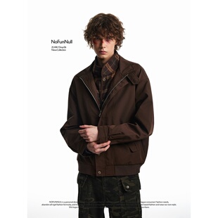 NOFUNNULL 美式复古假两件格纹拼接夹克秋冬男巴恩风哈灵顿棉衣潮