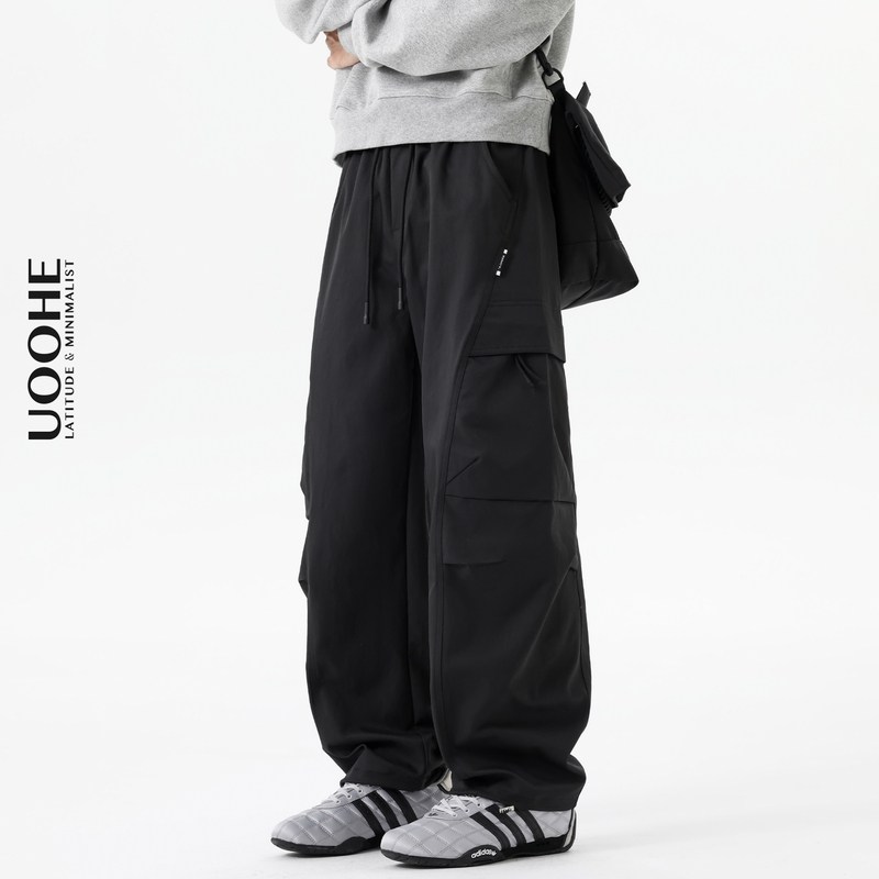 UOOHE美式弯刀工装休闲裤男士秋冬季加绒加厚宽松直筒运动长裤子