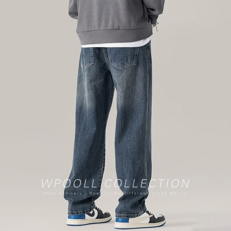 美式高街水洗复古蓝色牛仔裤男春秋季潮牌宽松直筒休闲阔腿长裤子