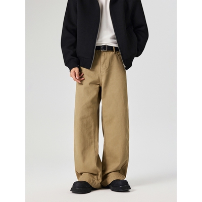 CEG美式复古水洗卡其纯色牛仔裤男女情侣宽松直筒阔腿拖地长裤子